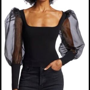 Alice + Olivia Abella Puff Sleeve Square Neck Top Black Size Small
